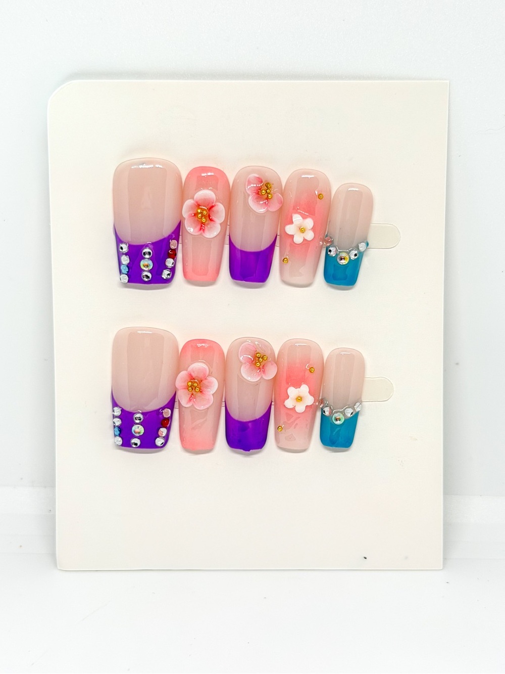 Floral Ombre Press-On Nail Set in Pink, Purple & Teal